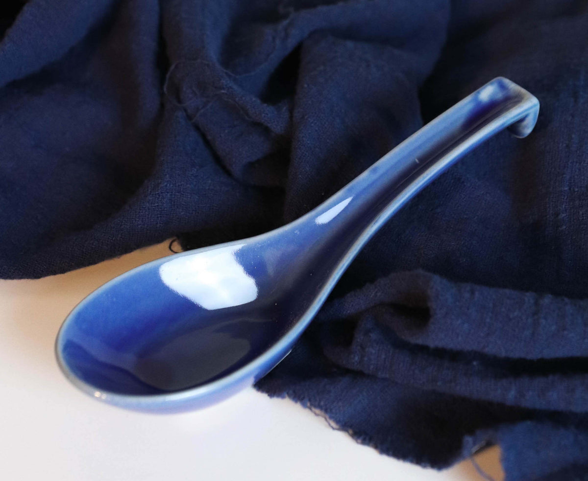 Ebros Made In Japan Ceramic Glossy Ocean Blue Spoons W/ Ladle Hook Set Of 6 - Ebros Gift