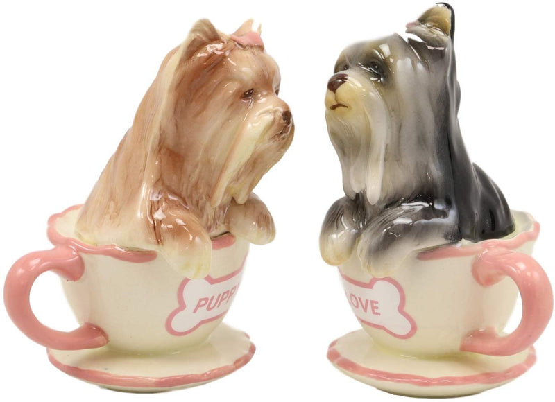 Ebros Ceramic Black And Tan Yorkshire Terriers Yorkie Pet Dogs In Teacups Salt And Pepper Shakers Set