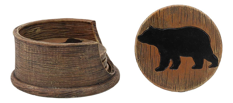 Ebros Faux Wood Rustic Forest Black Bear Coaster Holder With 4 Round Coasters Set