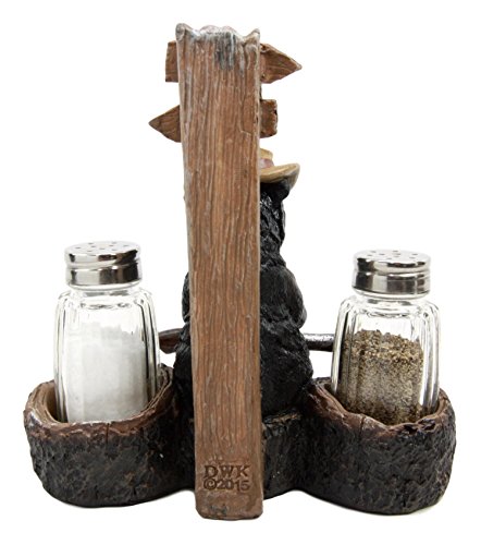 Ebros Gift Black Bear With Shotgun On Cross Road Salt Pepper Shakers Holder Figurine 6.5"H - Ebros Gift
