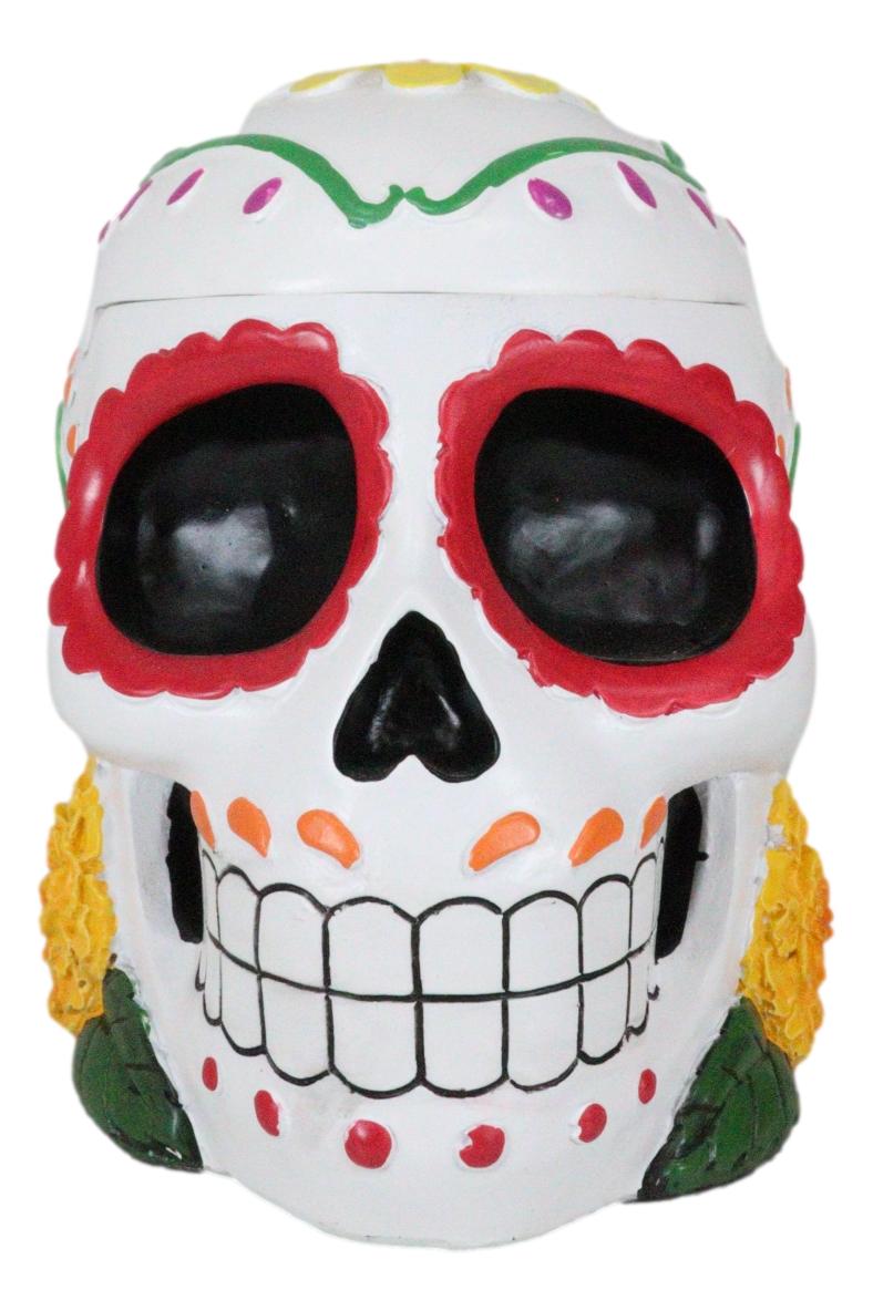 Day of The Dead White Tribal Tattoo Sunflowers Sugar Skull Ashtray Box Figurine