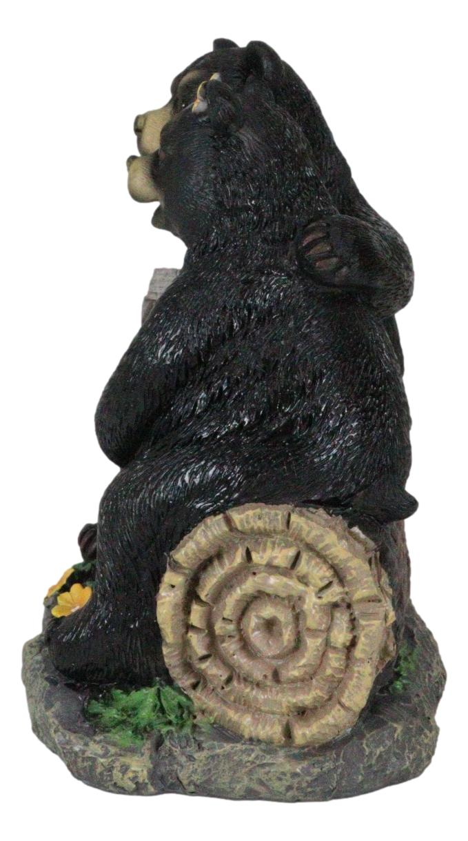 Whimsical Black Bears Couple On Tree Log You're My Happy Place Sign Figurine