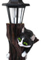 Black Kitten Cats by Garden Tree Outpost Statue With Solar LED Lantern Light