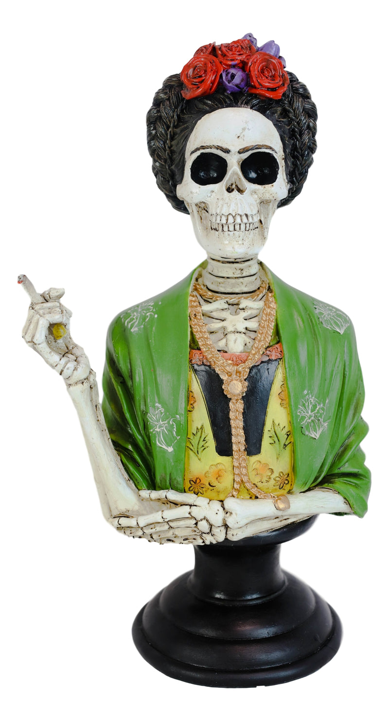 Mexican Painter Smoking Lady Frieda Skeleton Portrait Bust Day Of Dead Statue