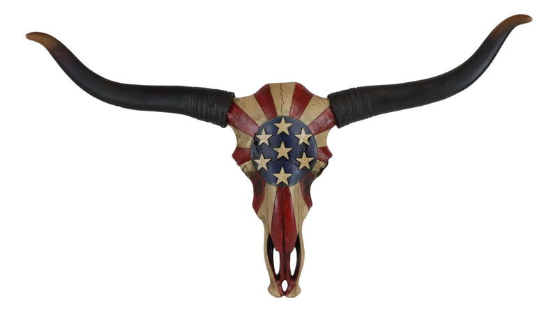 28"W Western Patriotic Bull Cow Longhorn Skull With USA Stars Stripes Wall Decor
