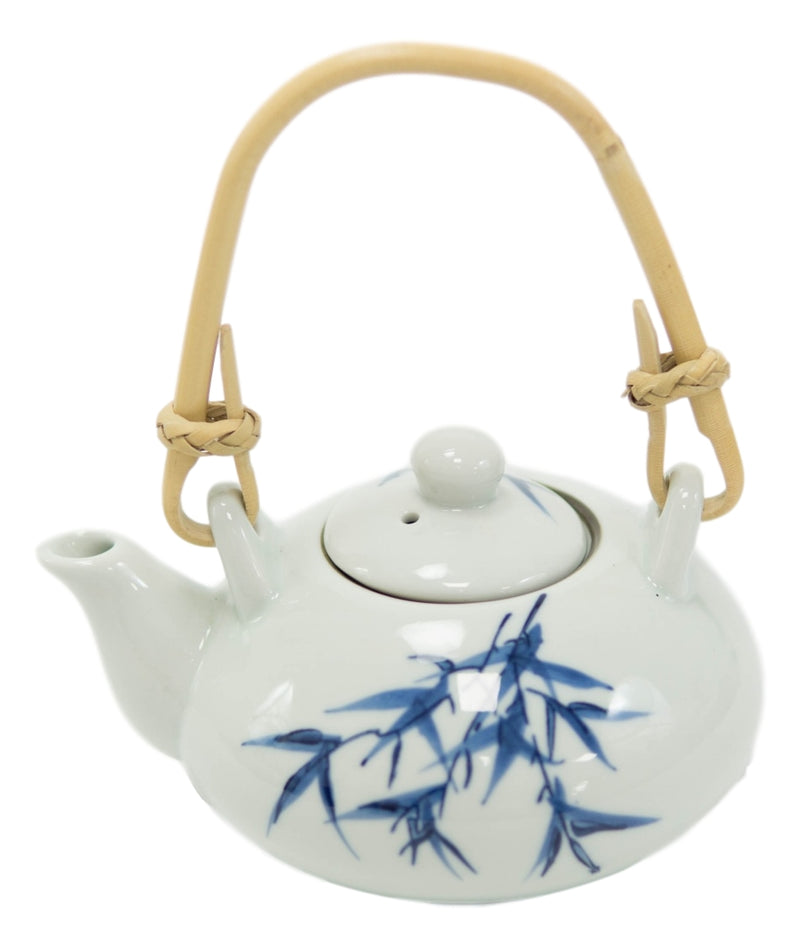 Blue Oriental Bamboo Branches And Leaves Design Porcelain Tea Pot And 4 Cups Set