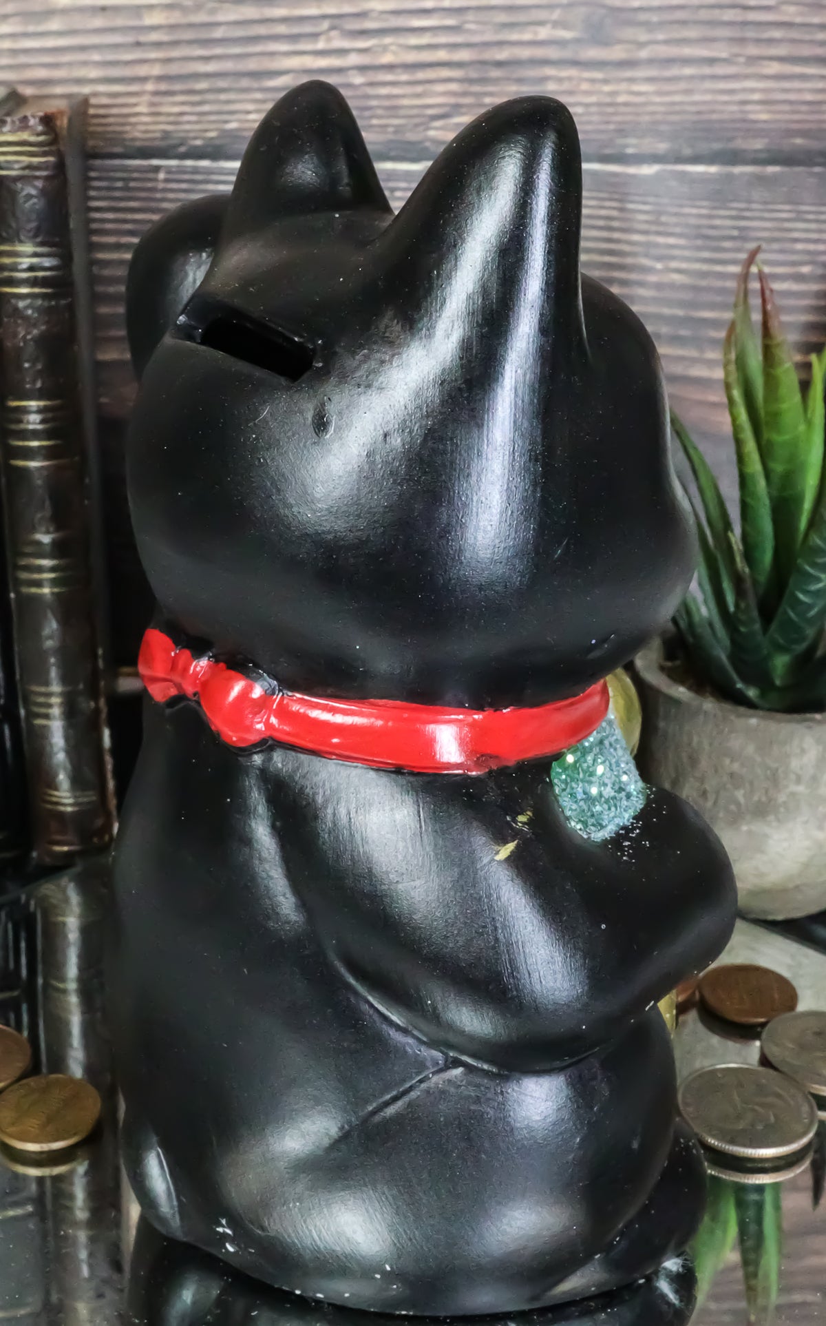 Japanese Luck Fortune Charm Black Beckoning Cat Maneki Neko Money Bank Statue