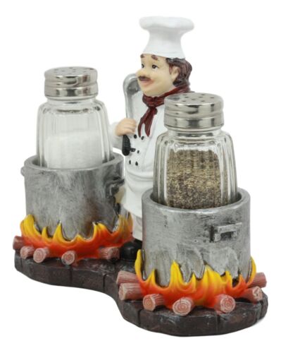 Ebros French Chef with Flaming Double Cauldron Pots Salt & Pepper Shakers Holder