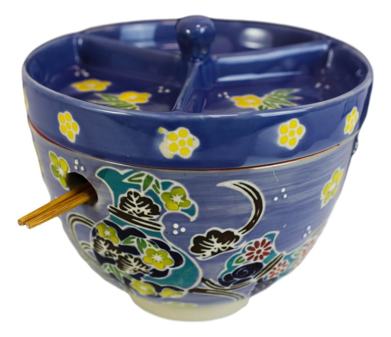 Purple Floral Sky Ramen Bowl With Tempura Divider Condiment Lid Chopsticks Set
