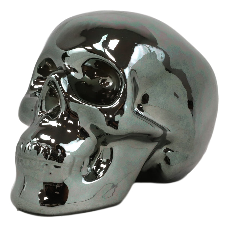 Electroplated Shiny Gunmetal Cranium Skull Head Money Bank Resin Figurine 7.5"L