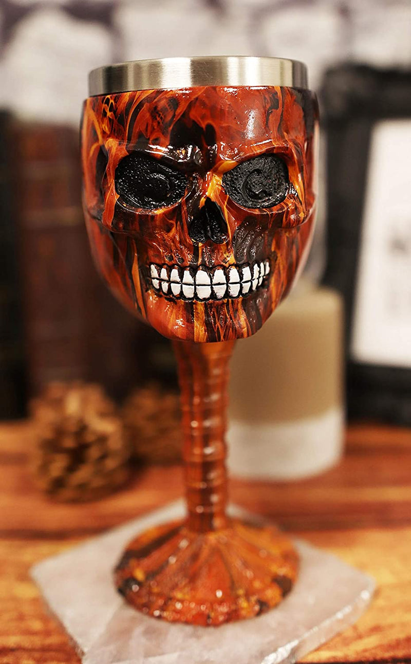 Ebros Inferno Fire Skull Face Wine Goblet Chalice Beverage Drinkware 7.25"H