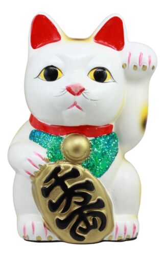 Japanese Luck Fortune Charm White Beckoning Cat Maneki Neko Money Bank Statue