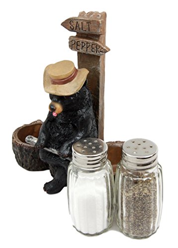 Ebros Gift Black Bear With Shotgun On Cross Road Salt Pepper Shakers Holder Figurine 6.5"H - Ebros Gift