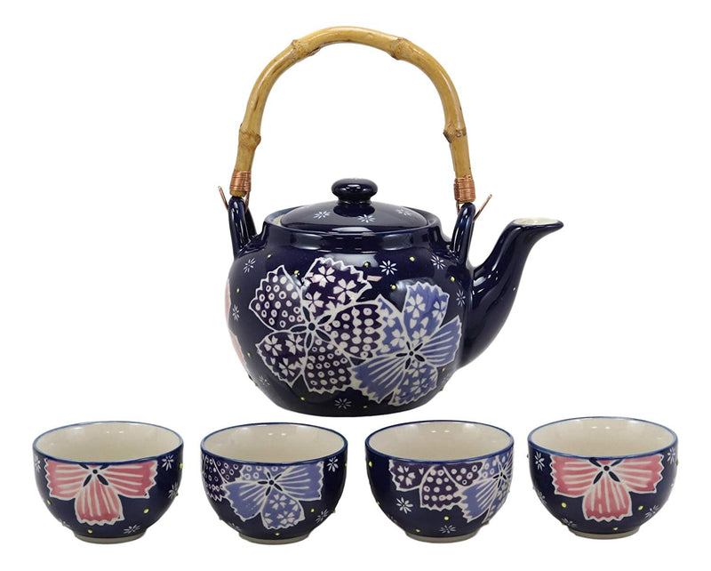 Ebros Blue Winter Frost Colorful Large Floral Blooms 25oz Tea Pot With 4 Cups Set