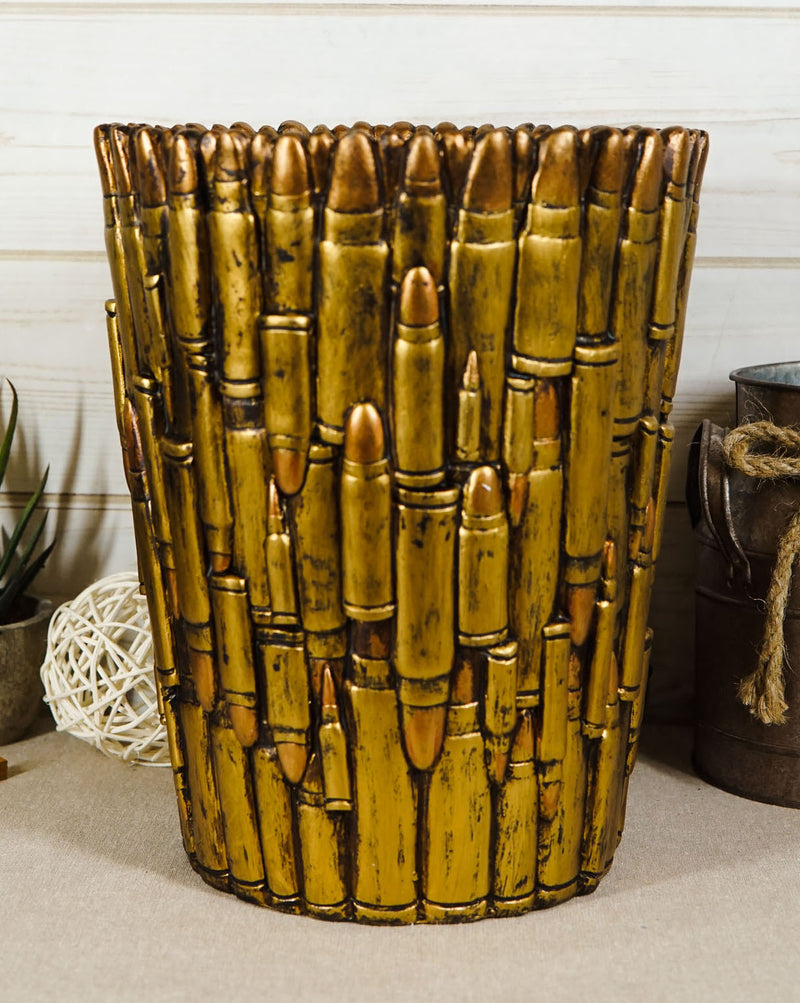 Rustic Western Military Rifle Ammo Shells Gold Tone Bullets Waste Basket Bin