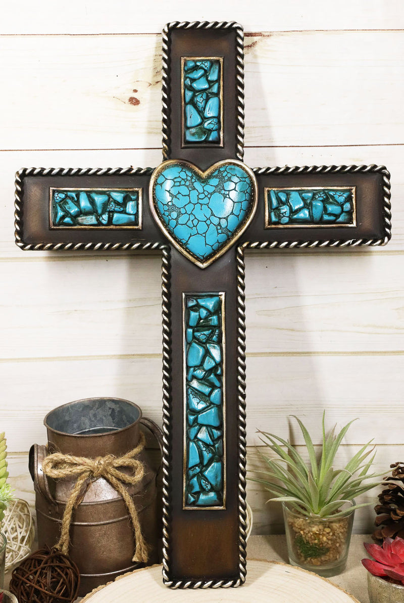 Rustic Southwestern Crushed Turquoise Gemstones with Sacred Heart Wall Cross