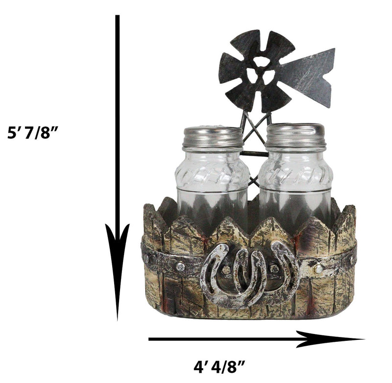 Rustic Country Farm Windmill Outpost With Horseshoes Salt And Pepper Shakers Set