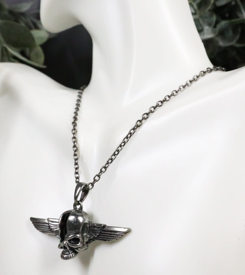 Steampunk Gearwork Cyborg Terminator Skull With Angelic Wings Pewter Necklace