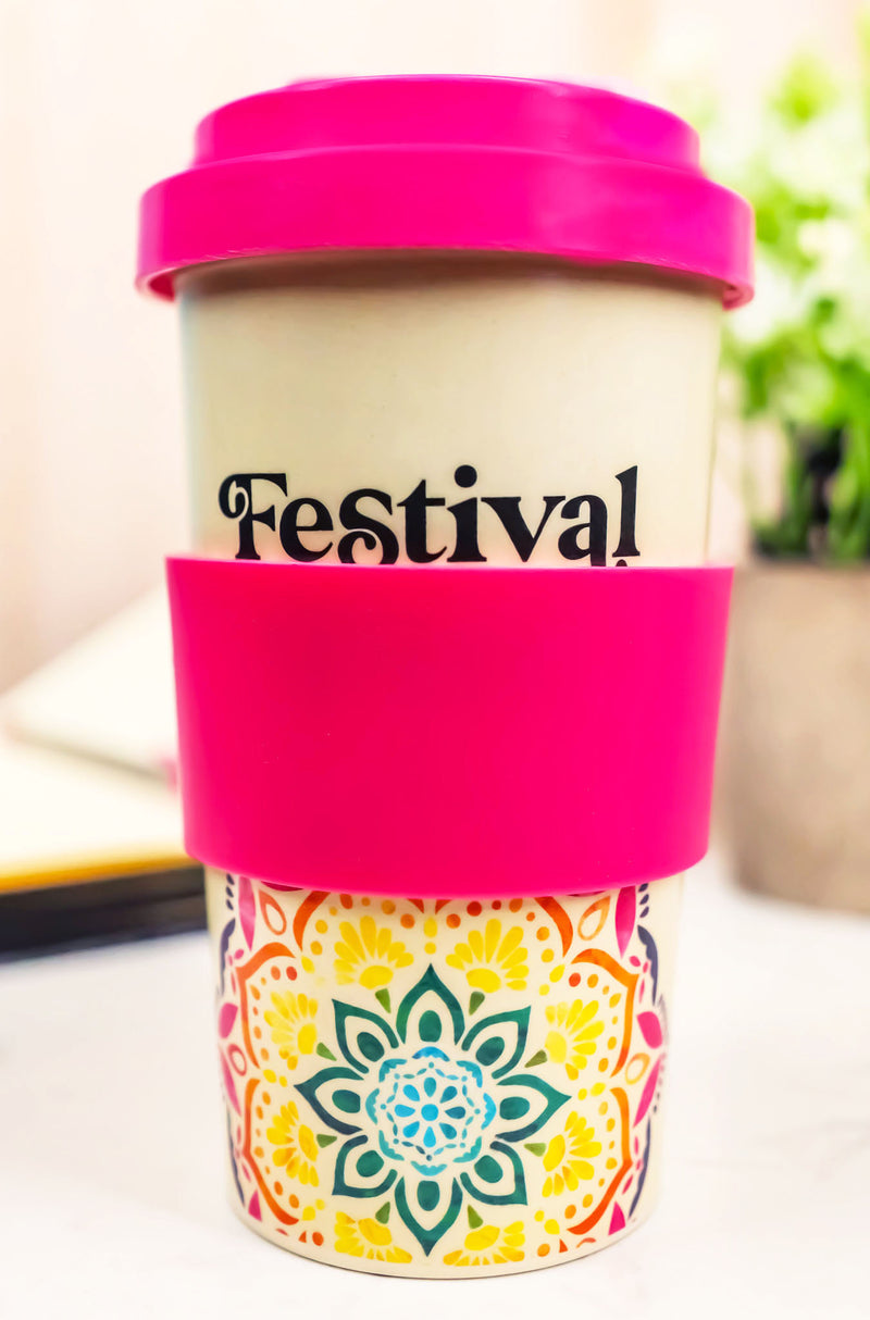 Festival Fuel Mandala Bamboo Fiber Reusable Travel Mug Cup W/ Lid And Sleeve