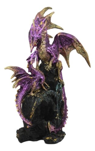 Metallic Purple Mother Dragon With Baby Family Statue 10.5"H Fantasy Home Decor - Ebros Gift