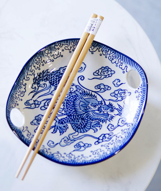 Blue Feng Shui Dragon Small Appetizer Coupe Plate Flat Bowl With Chopsticks Set - Ebros Gift