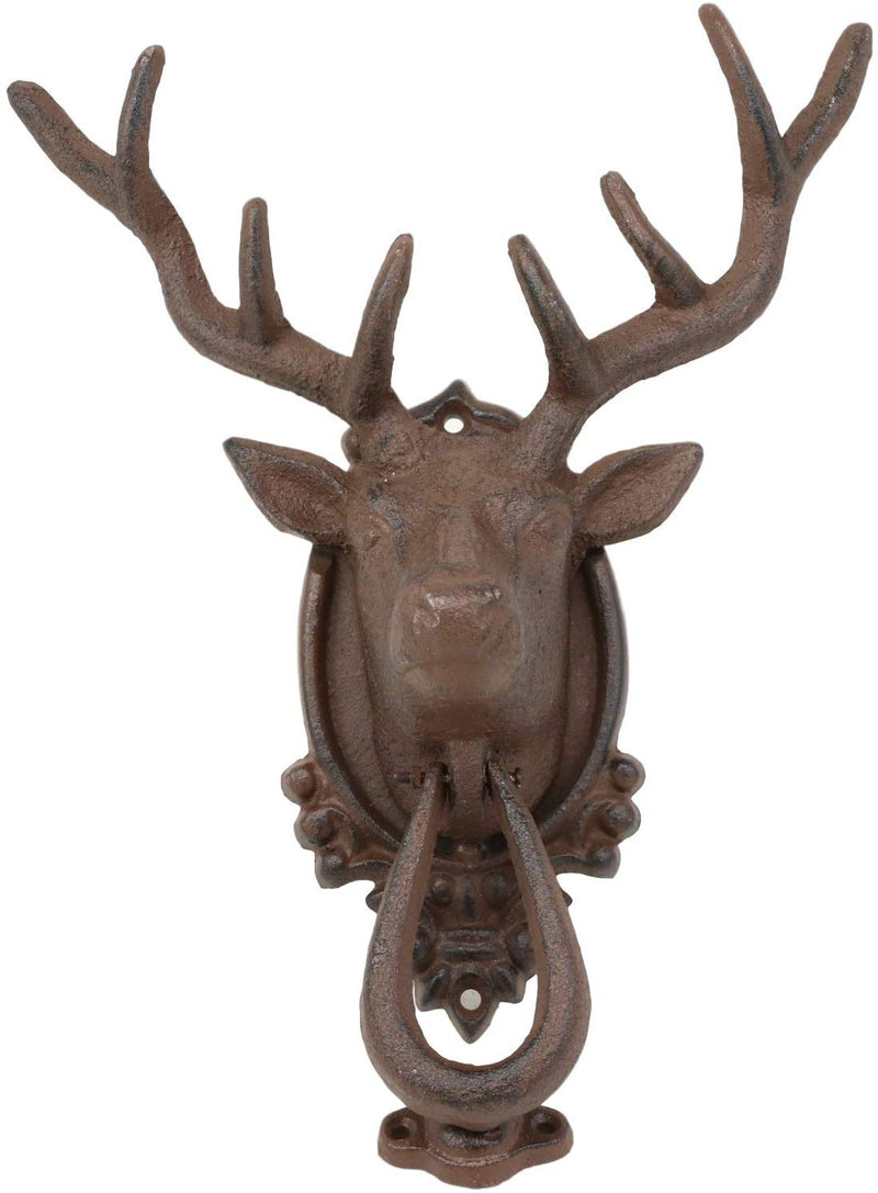 Ebros Gift Rustic Western Forest Horned Elk Deer Head Cast Iron Door Knocker 10.5" Tall Figurine Decorative Knockers Buck for Hunter Cabin Lodge Home Accent Decor Hardware