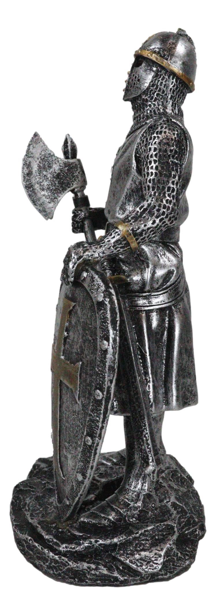 Medieval Crusader Knight Of The Cross With Axe and Broad Shield Figurine 7"H