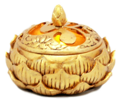 Auspicious Golden Buddha Ohm Carved Padma Lotus Round Jewelry Box Figurine