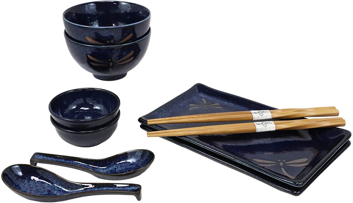 Japanese Pair Of Dragonfly Blue Motif Ceramic Sushi Dinnerware 10pc Set For Two - Ebros Gift