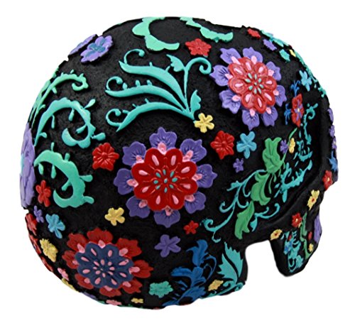 Ebros Gift Day Of The Dead Black Multi Colored Floral Tattoo Skull Figurine 8"L
