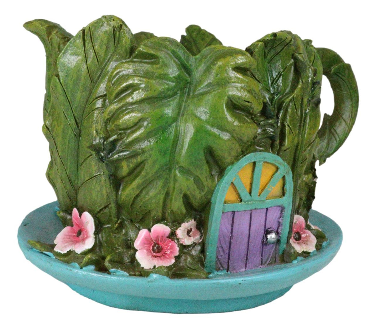 Fairy Garden Leaf Foliage Teacup House With Purple Door Floral Planter Vase - Ebros Gift
