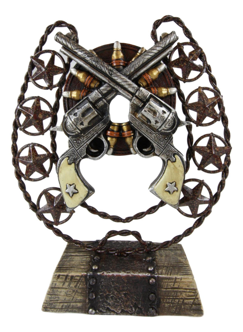 Ebros Cast Iron Cowboy Horseshoe Western Stars Dual Revolver Pistols Bullets Figurine