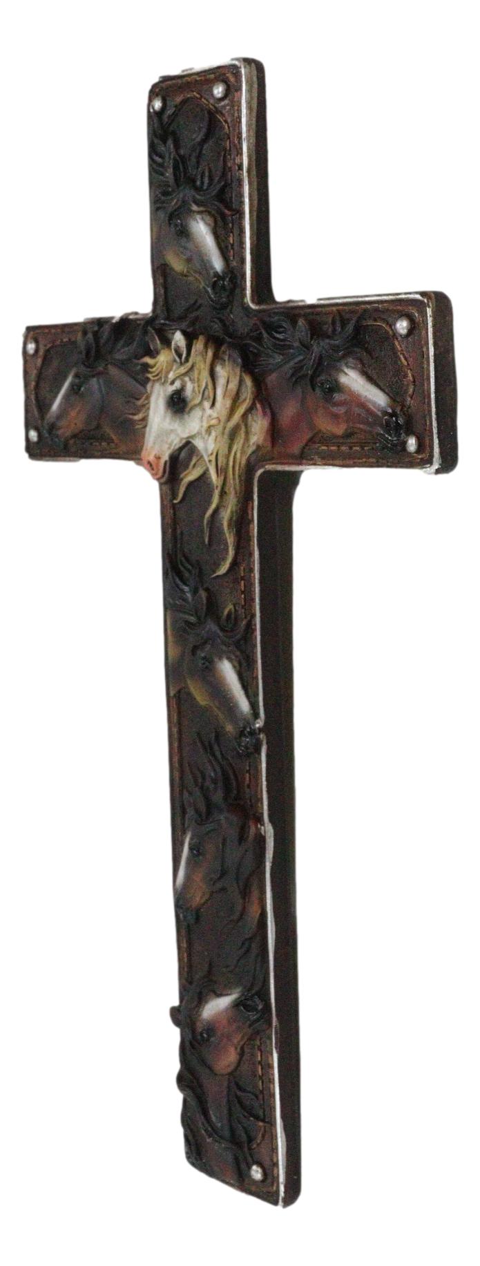 Rustic Western Colorful Horses Breeds Faux Tooled Leather Finish Wall Cross 11"
