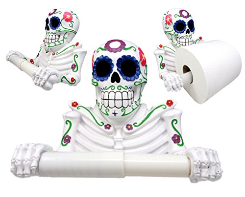 Ebros Gift White Day Of The Dead Sugar Skull Floral Skeleton Toilet Paper Holder Bathroom Wall Decoration Figurine - Ebros Gift