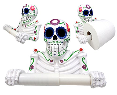 Ebros Gift White Day Of The Dead Sugar Skull Floral Skeleton Toilet Paper Holder Bathroom Wall Decoration Figurine