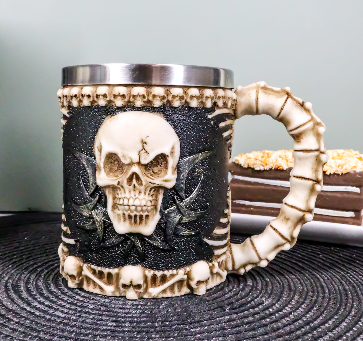 Ebros Evil Grinning Tribal Skull Tankard With Skulls Skeletal Spine Bones Handle - Ebros Gift