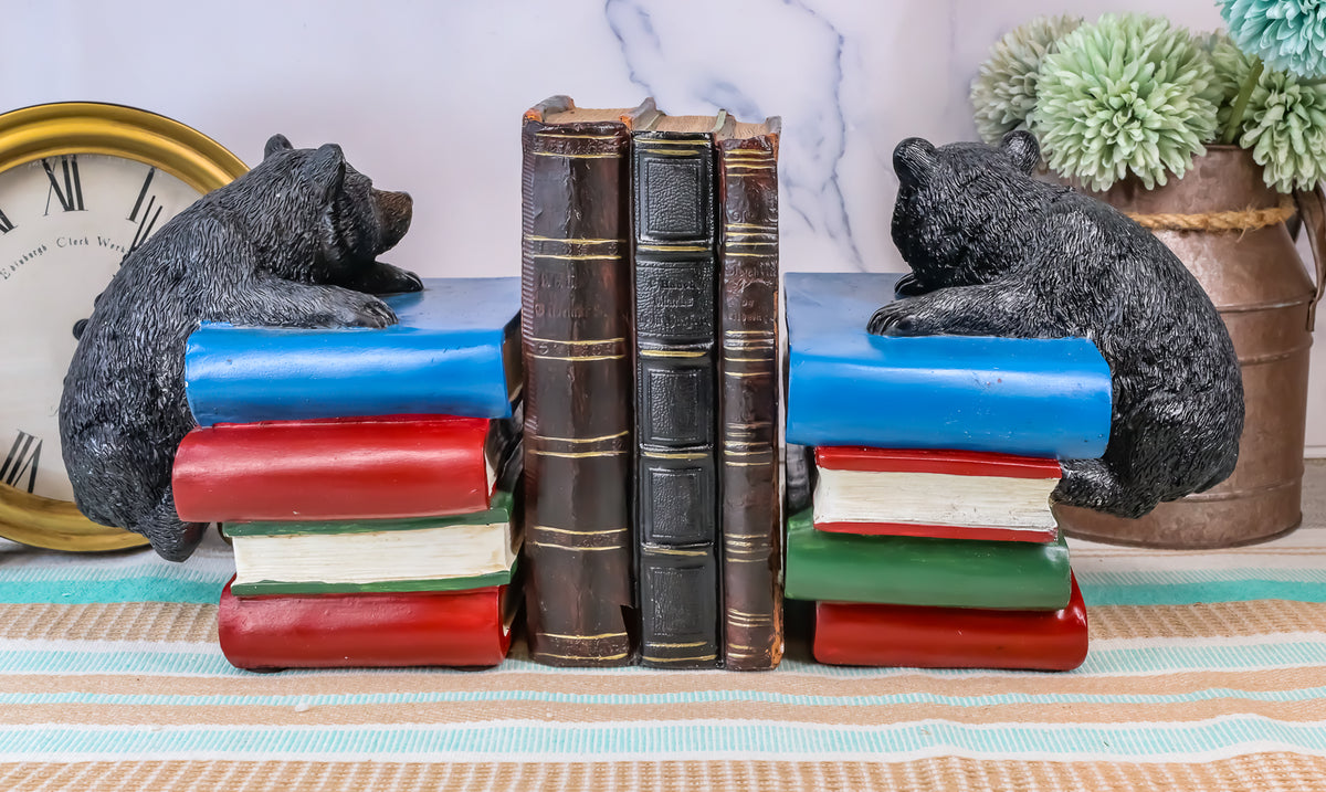Ebros Rustic Wildlife Bear Cubs Climbing Stack Of Books Bookends 2 Figurine Set