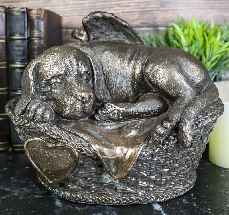 Angel Labrador Dog Sleeping In Wicker Basket Cremation Urn Pet Memorial Statue