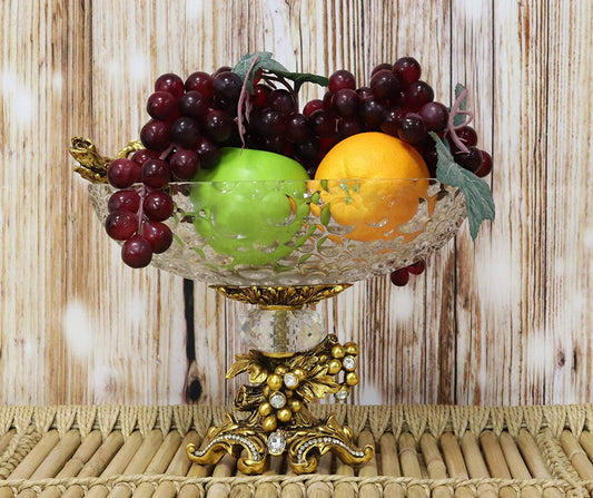 Ebros Gift Vintage Antique Baroque Design Oval Bowl Acrylic Glass Dish 11" Wide Dessert Fruits Footed Platter Stand with Electroplated Gold Vineyard Base Sculpture and Austrian Crystals Centerpiece - Ebros Gift