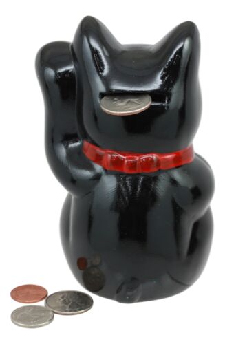 Japanese Luck Fortune Charm Black Beckoning Cat Maneki Neko Money Bank Statue 5"