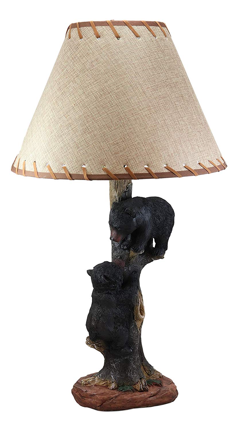 Ebros Helping Hand Whimsical Black Bear Cubs Climbing Tree Table Lamp Statue with Burlap Shade 24"High Wildlife Rustic Cabin Lodge Decor Forest Bears Family Desktop Lamps - Ebros Gift