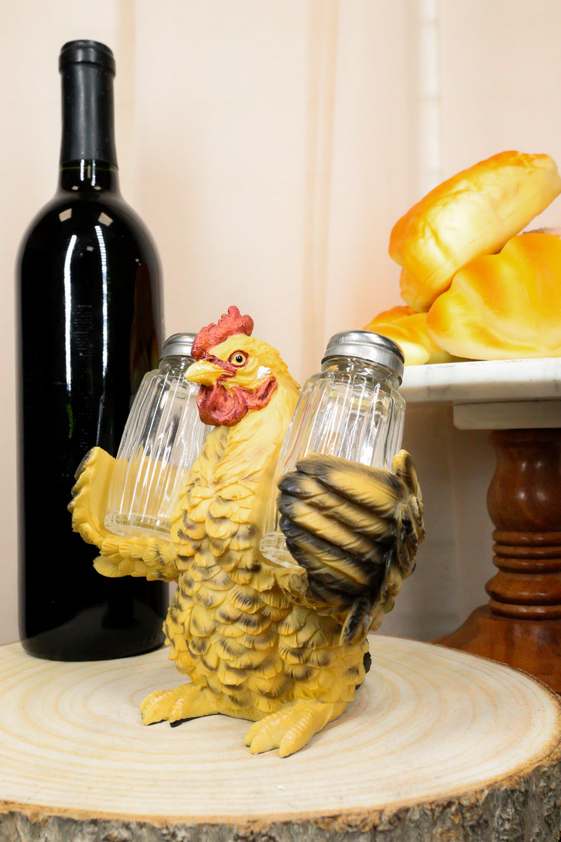 Country Rustic Barnyard Chicken Hen W/ Open Wings Salt And Pepper Shakers Holder