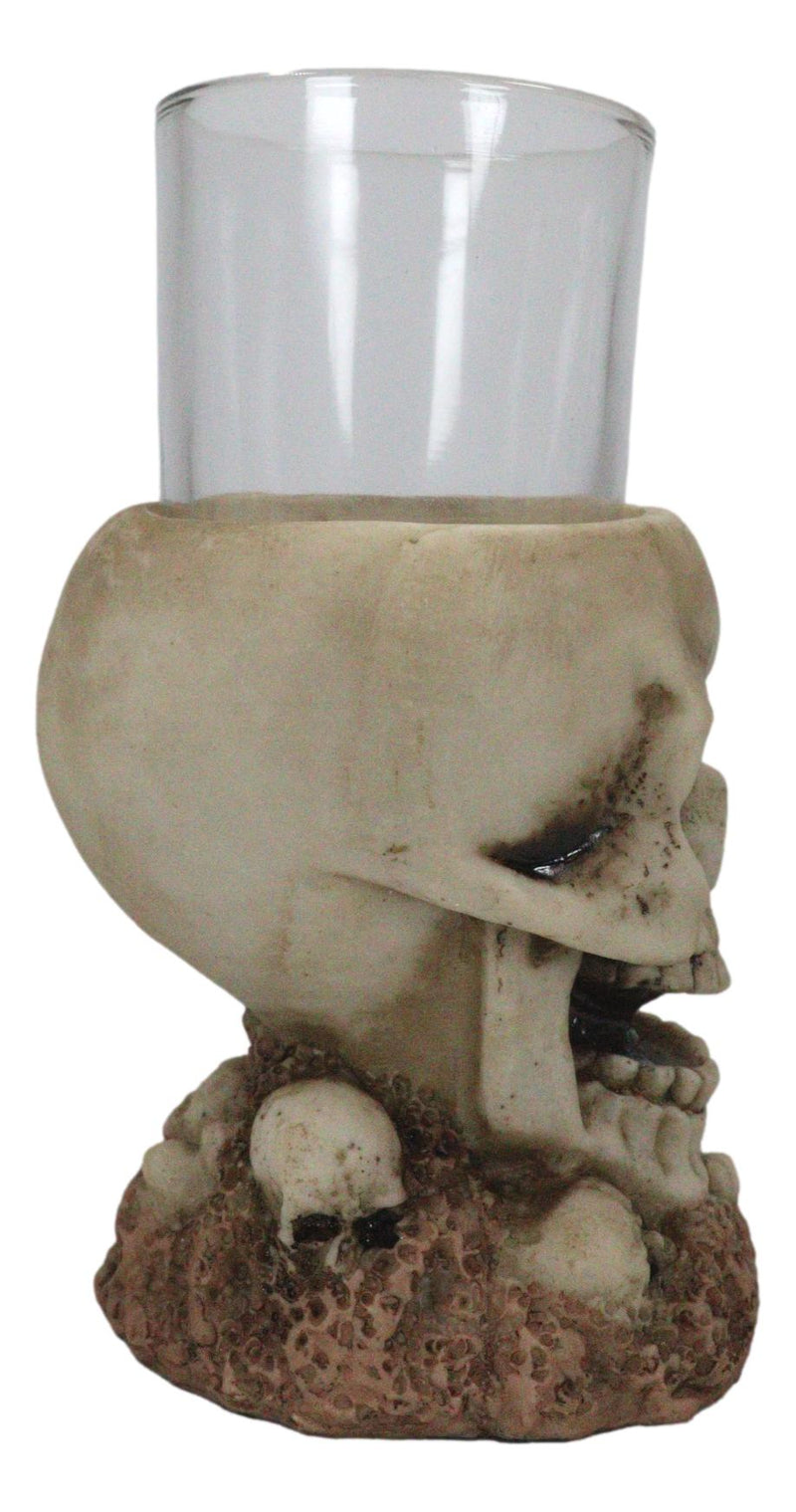 Set Of 4 Grinning Giant Skull With Missing Tooth On Graveyard Shot Glass Shooter
