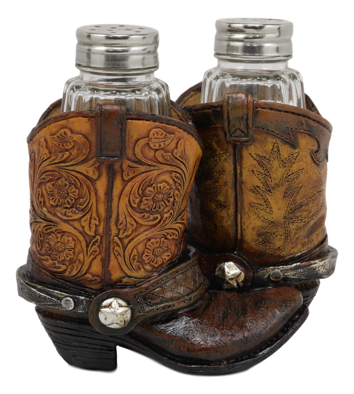 Ebros Fancy Pair Of Cowboy Boots W/ Texas Star Salt & Pepper Shakers Holder Set