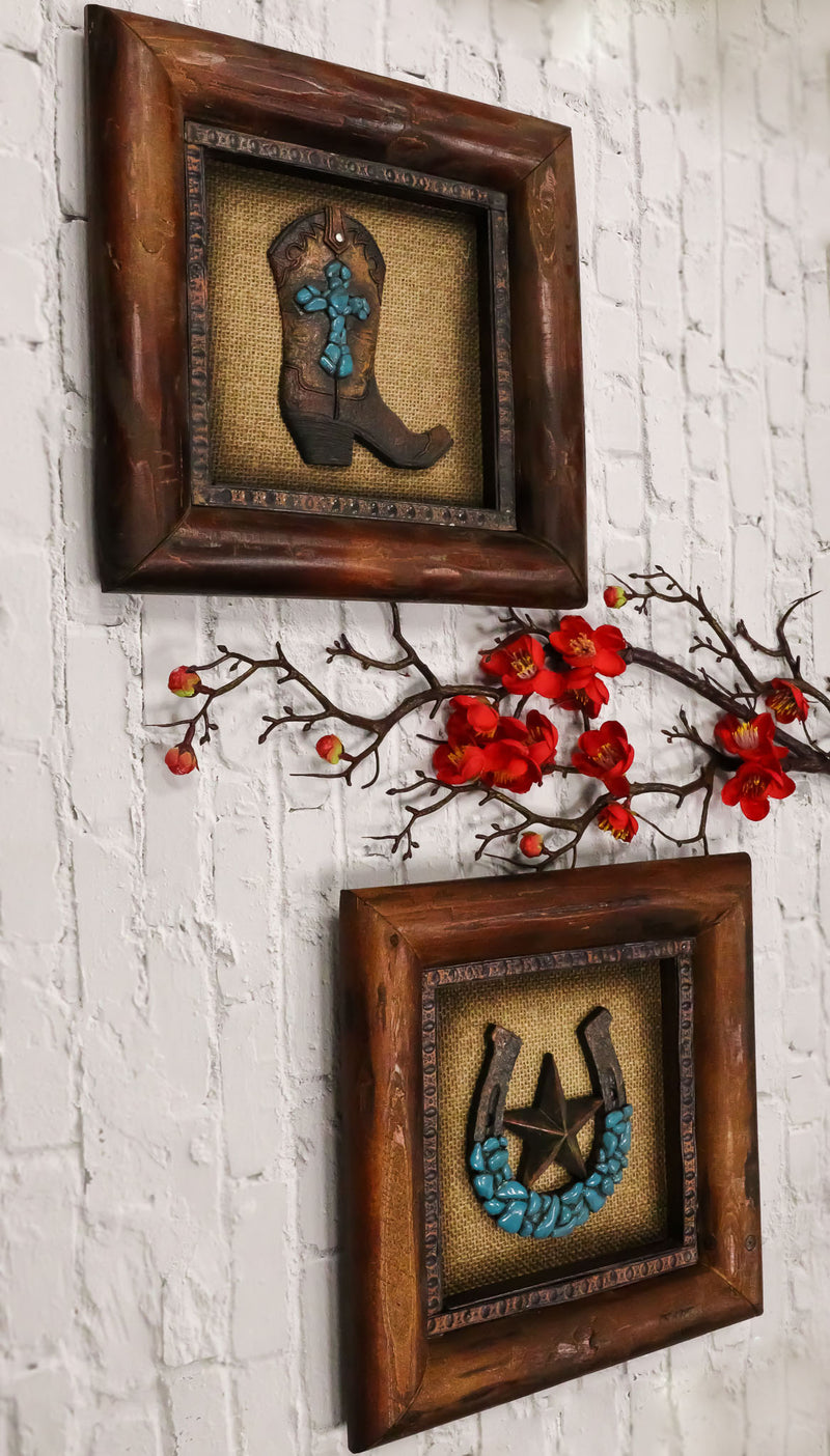 Set of 2 Western Turquoise Gems Cowboy Boot Horseshoe Wooden Wall Picture Frames