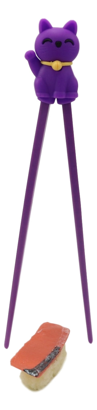 Purple Maneki Neko Lucky Cat Reusable Training Chopsticks Set W/ Silicone Helper - Ebros Gift