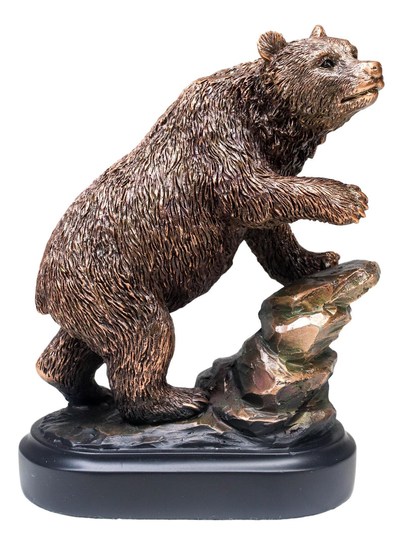 Grizzly Bear Climbing On River Rock Statue 6.25"Tall Bronze Electroplated Resin