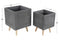 Set of 2 Contemporary Gray Fiber Clay Square Cube Planters Pots With Wooden Feet