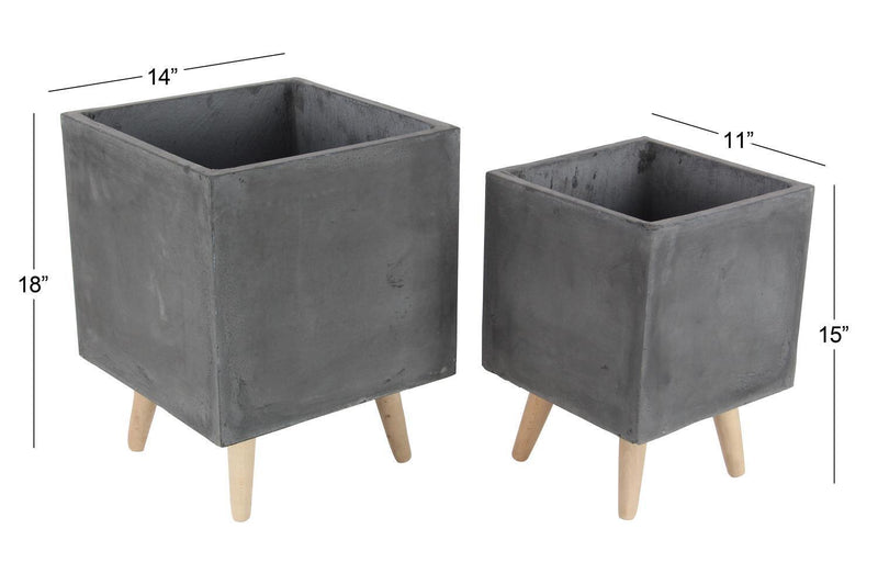 Set of 2 Contemporary Gray Fiber Clay Square Cube Planters Pots With Wooden Feet