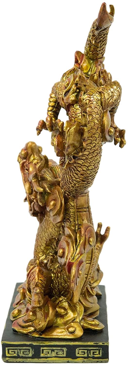 Ebros Feng Shui Nine Dragons Golden Dragon King Statue With Black Base 10.25"H